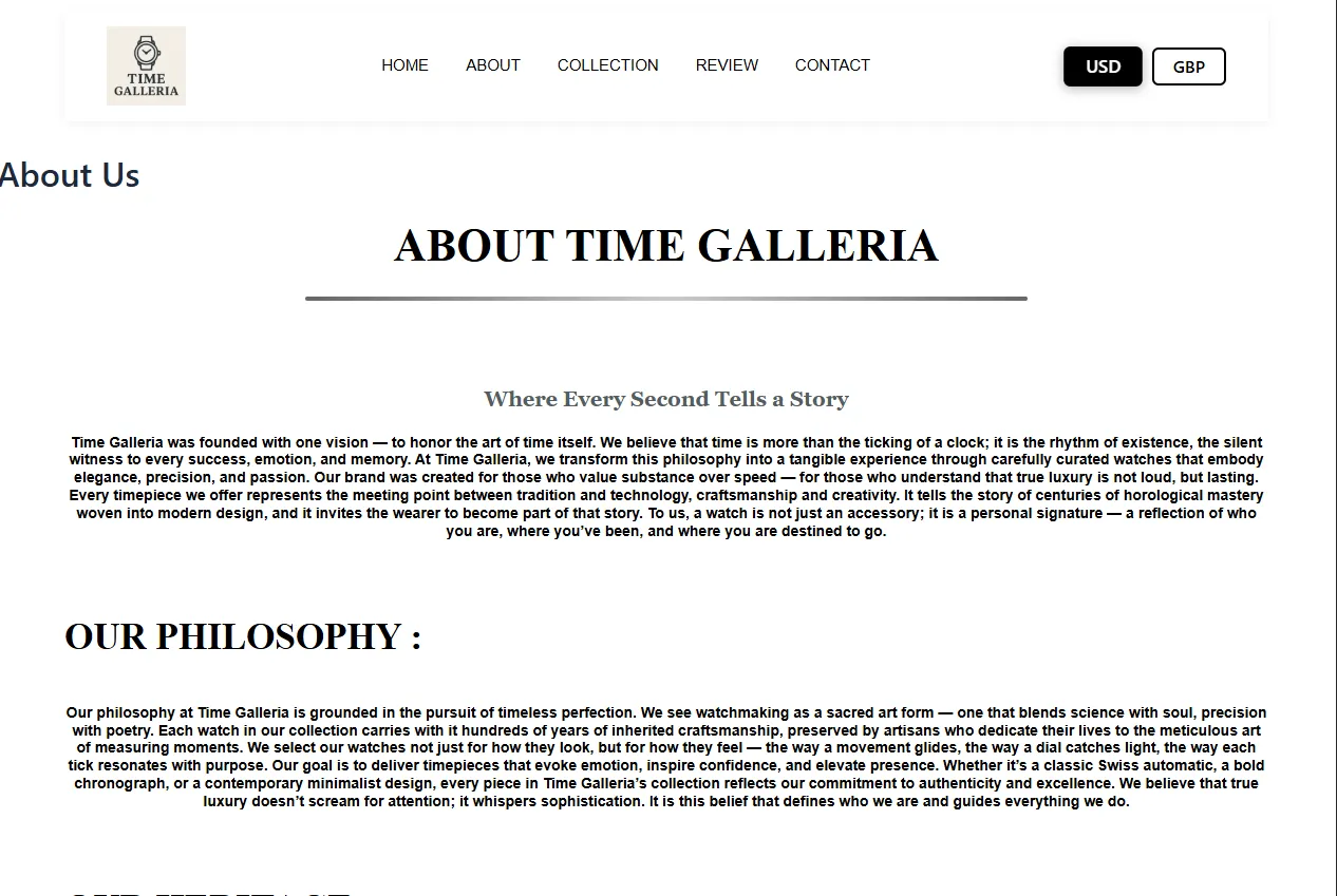 About & team section of Time Galleria – Admin login and dashboard by Abdul Samad